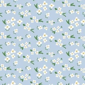 Small Tossed Pearl White Flowers on Fog Blue Ground Non Directional