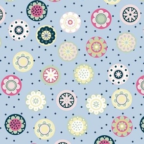 Scattered Multi Color Flowers in Medallions on Fog Blue with Prussian Blue Polka Dots