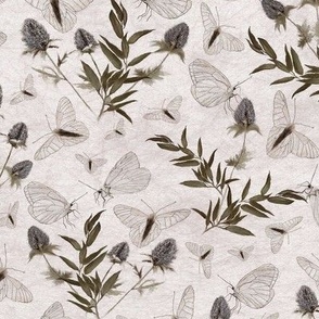 White Butterflies Thistle And Greenery Muted On Subtle Lavender Ground Medium Scale