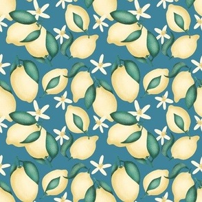 Lemons with leaves and flowers  - Blue background