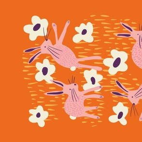 Rabbit tea towel (orange) - Bunny rabbits hoppin about amongst large folk style flowers for this bright funky design. Part of my tea towel collection and available as a fabric.