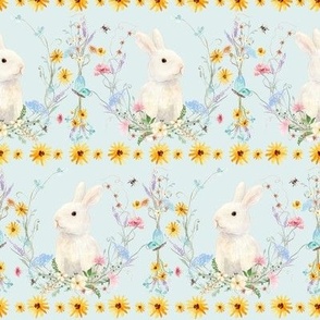 Wildflowers Floral Watercolor Sunflower Spring Easter Bunny Rabbit Pink Yellow BLUE MEDIUM