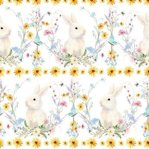 Wildflowers Floral Watercolor Sunflower Spring Easter Bunny Rabbit Pink Blue Yellow WHITE MEDIUM