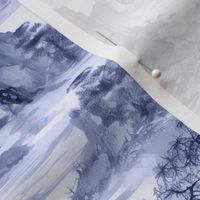 Sumi-e chinese landscape with temple blue