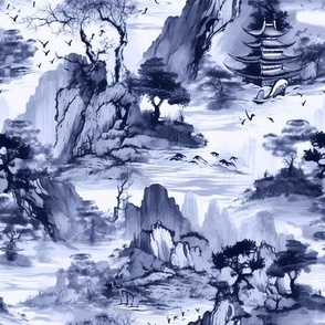 Sumi-e chinese landscape with temple blue