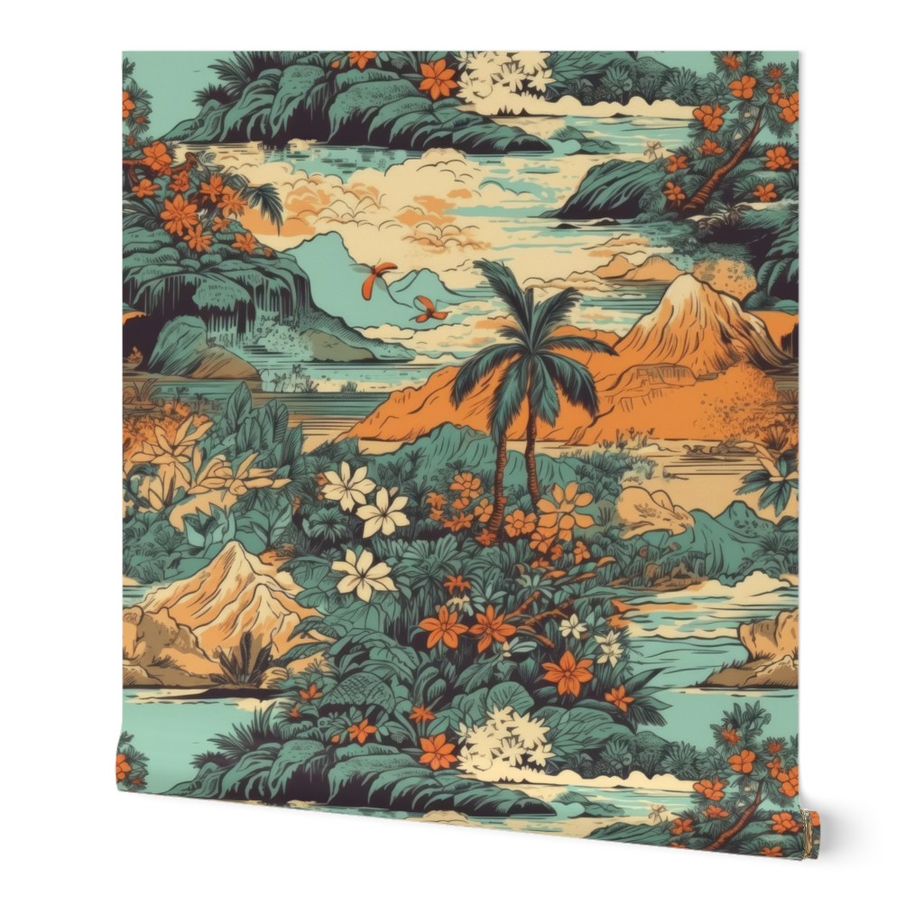 Vintage Hawaiian Landscape Teal