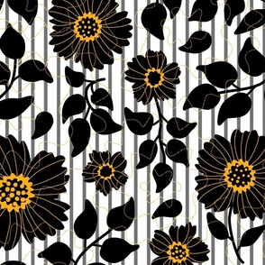 large-Bold black florals with orange accents on white with textured vertical stripes