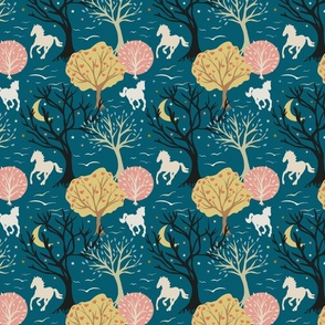 Moonlit Gallop - Midnight Horses on Teal Blue