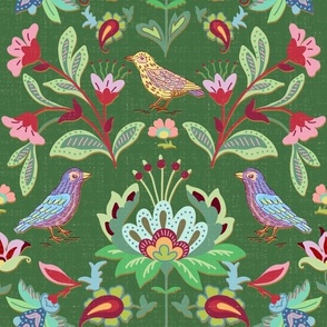 vintage inspired floral multicolor with birds on green