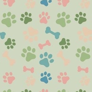 Ditsy Puppy Paw Prints and Bones on Pale Green