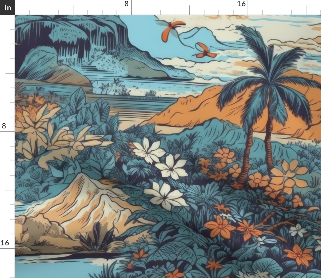 Vintage Hawaiian Landscape Blue
