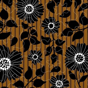 large-Black and white bold florals on golden brown with textured vertical stripes