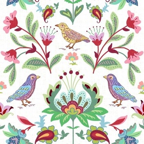 vintage inspired floral multicolor with birds on white