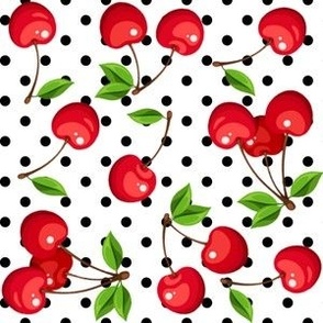 Red Rockabilly Cherries on White with Black Polka Dots