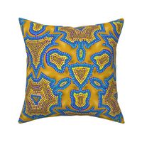 Yellow Kangaroo Kaleidoscope with Concentric Dot Outlines on Blue