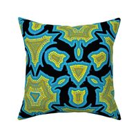 Black Kangaroo Kaleidoscope with Concentric Dot Outlines on Turquoise Blue with Yellow