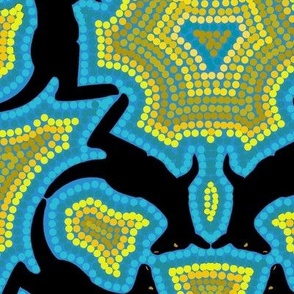 Black Kangaroo Kaleidoscope with Concentric Dot Outlines on Turquoise Blue with Yellow