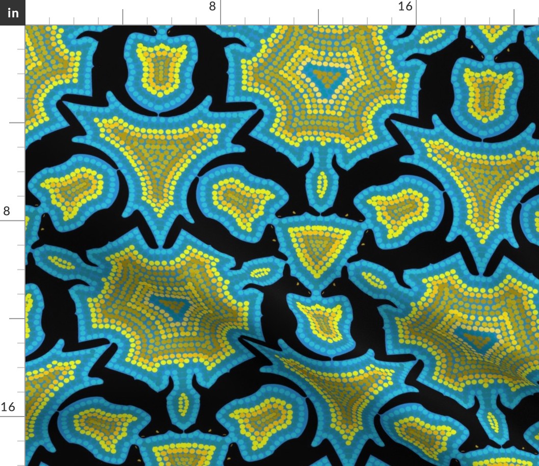 Black Kangaroo Kaleidoscope with Concentric Dot Outlines on Turquoise Blue with Yellow