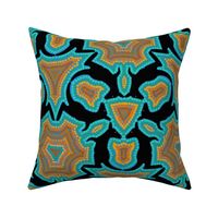 Black Kangaroo Kaleidoscope with Concentric Dot Outlines on Turquoise Blue with Coral Pinks