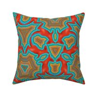 Red Kangaroo Kaleidoscope with Concentric Dot Outlines on Turquoise Blue with Coral Pinks