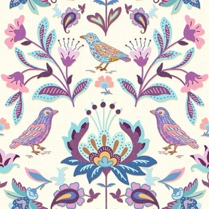 vintage inspired floral with birds blue and lavender on ivory