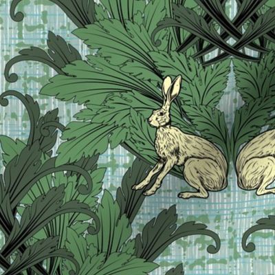 Art Deco Animals, 1920s Art Deco Leaves, Green Acanthus Leaf, Yellow Damask with Rabbits Hare on Textured Blue Green Background