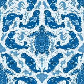 Turtles and Seals in dark and light Pantone blue with texture