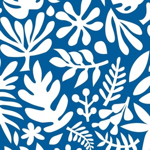 Blue Lagoon Tropical Leaves - White on Blue