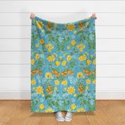 Damask watercolor floral with oranges on blue Large scale