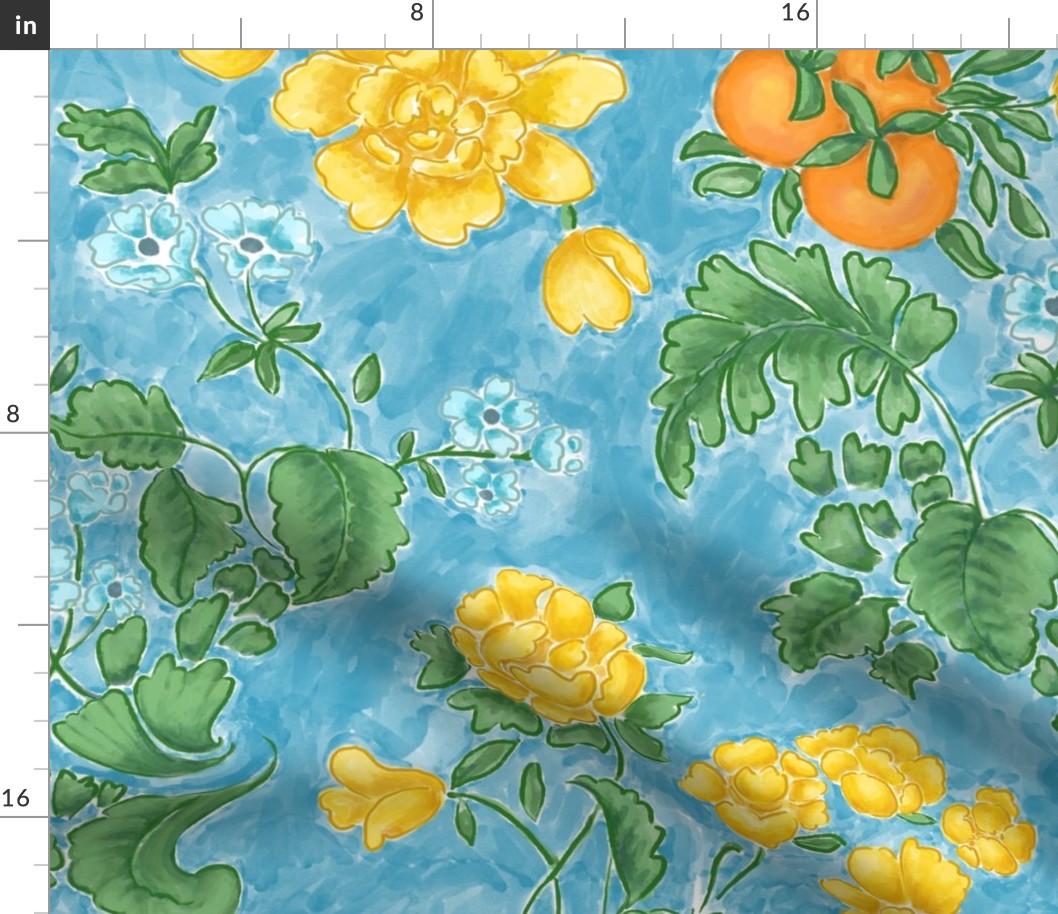 Damask watercolor floral with oranges on blue Large scale