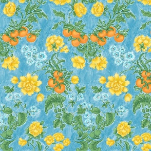 Damask watercolor  floral with oranges on blue medium scale