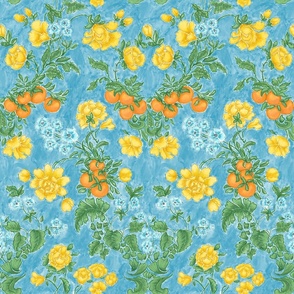 Damask watercolor  floral with oranges on blue Small scale
