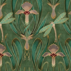 Art Nouveau Dragonflies in Emerald deco