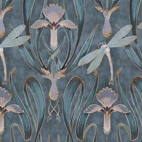 Art Nouveau Dragonflies in Twilight Blue