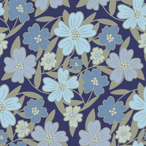 Seashell Floral in Taupe and Blue on Navy (Large)