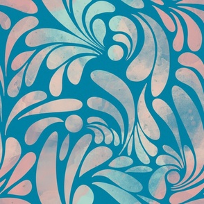 Big swirls of blended vintage pastels on cerulean