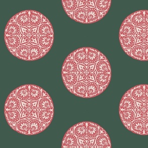 Indian Palace Coordinating Fabric  - Red and Beige Medallions on Green