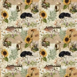 Woodland Animals Cottagecore Fox Rabbit Sunflower Mushrooms White Daisies Vintage Ephemera SMALL