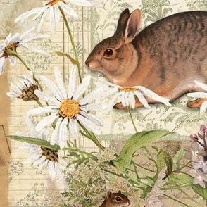 Woodland Animals Cottagecore Fox Rabbit Sunflower Mushrooms White Daisies Vintage Ephemera XL