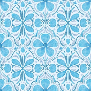Hand-Drawn, Whimsical Blue Watercolor Floral Tile in Blue_Large Scale
