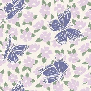 Butterfly garden Lavender Purple Floral with sage green leaves on a cream background 24in Jumbo