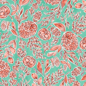 Coral and Green Delicate Botanical with Florals and Foliage and Hand-drawn Linework