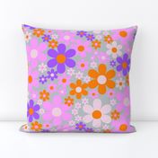 Flower power retro florals - 1970s style vintage flowers - soft grey background with vivid orange, purple and pink - large - by Nashifruitdesigns 