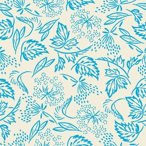 Vintage inspired block print floral in bright blue for home decor and wallpaper