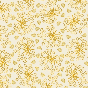 Vintage inspired block print floral in mustard yellow and off white for wallpaper