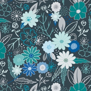 Mixed flowers in Pantone ultra steady blue green palette