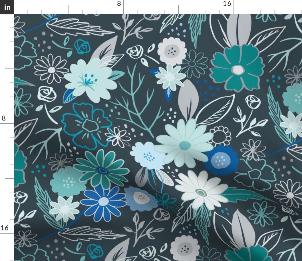 Mixed flowers in Pantone ultra steady blue green palette