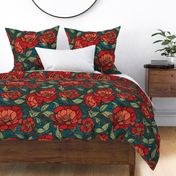 Camellia Art Nouveau - Alabama State Flower, Florals, Vintage, Stained Glass, Red, Teal