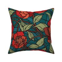 Camellia Art Nouveau - Alabama State Flower, Florals, Vintage, Stained Glass, Red, Teal