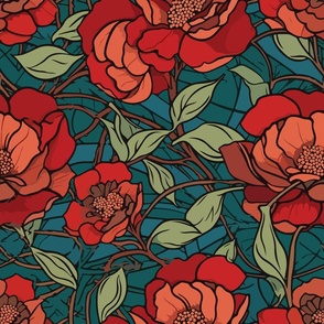 Camellia Art Nouveau - Alabama State Flower, Florals, Vintage, Stained Glass, Red, Teal